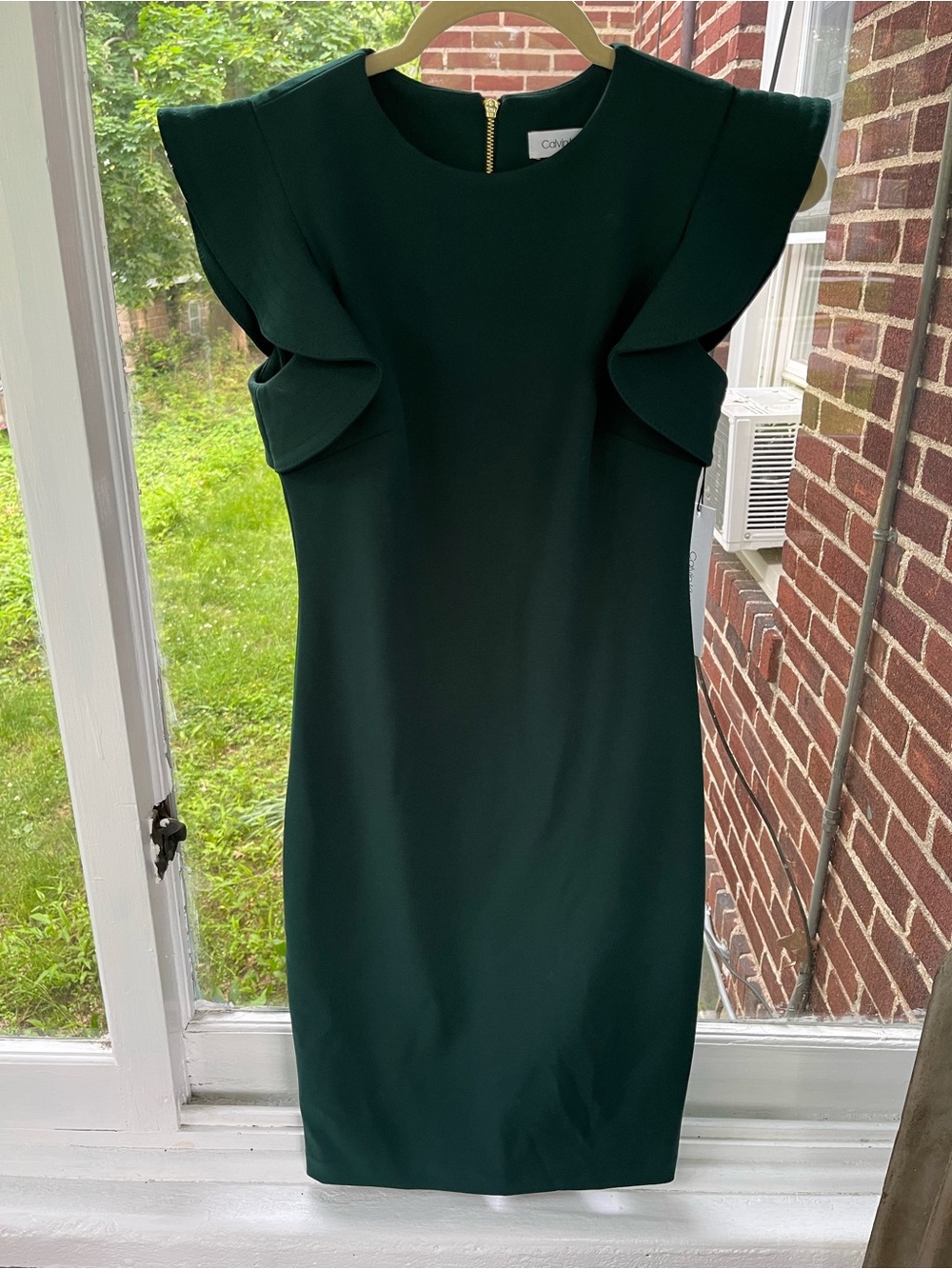 Calvin Klein Dark Green Ruffle-Shoulder Sheath Dress